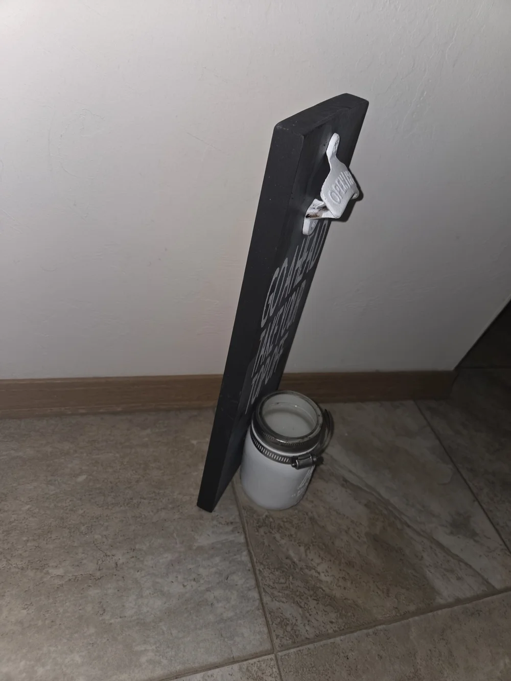 Black Wall-Mounted Bottle Opener with White Mason Jar Catch